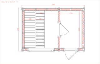 Modern Sauna 2,3x3,4 m aus Kieferholz vollisoliert